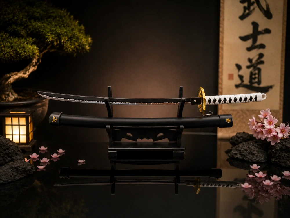 Mini Katana – černá s bílou rukojetí a stojánkem