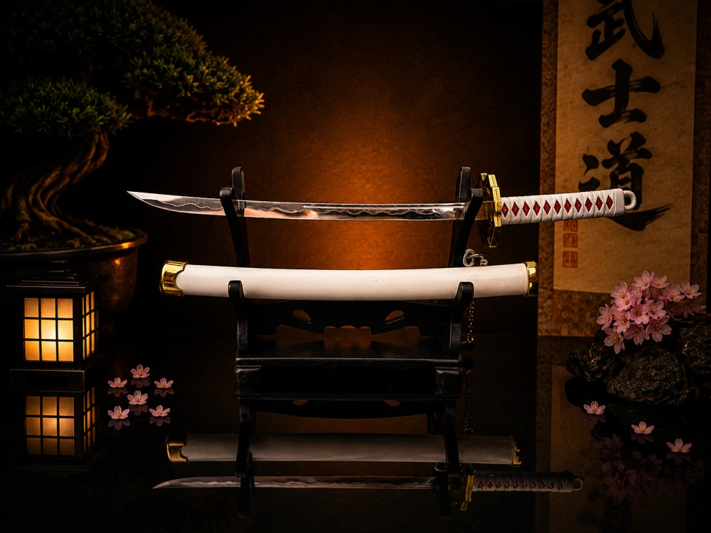 Mini Katana – bílá se zlatými detaily a červeným zdobením