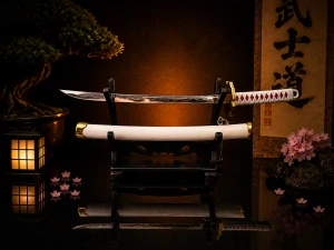 Mini Katana – bílá se zlatými detaily a červeným zdobením