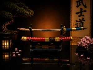 Mini Katana – červená se zlatým zdobením a modrou rukojetí